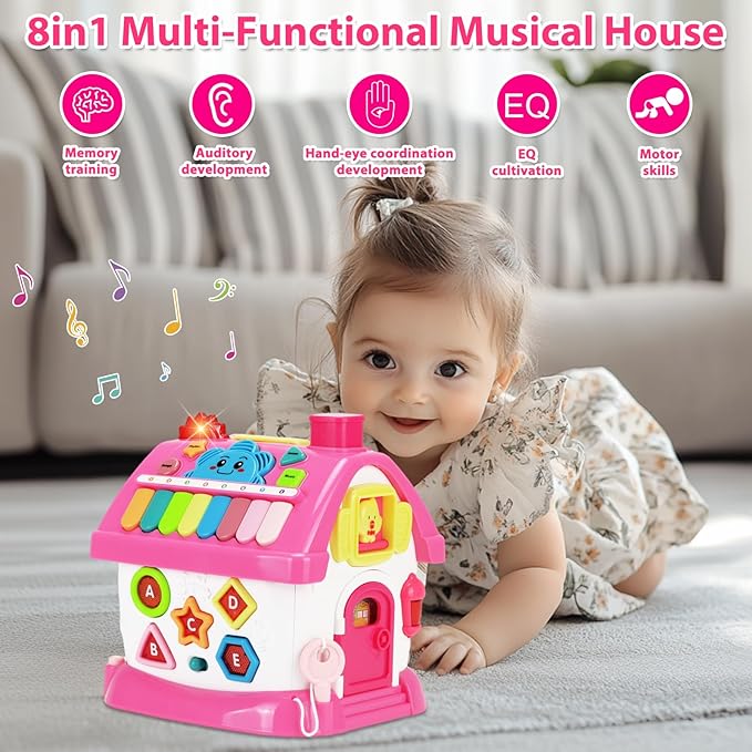 Aitbay Toys for 1 Year Old Girl Gifts: Baby Musical Toys 6-12 12-18 Months 8-in-1 Multi-Functional House - Montessori Educational Toys for Toddlers 1-3 - First Christmas 1st Birthday Gifts