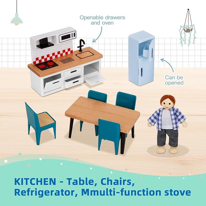 Wooden Dollhouse Furniture Set for Kids, 26 Pcs Dollhouse Accessories with 4 Family Dolls and Dog, Miniature Doll House Furniture Toys Pretend Play Set for G irls Boys Age 3+