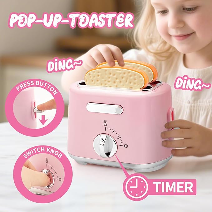 Play Kitchen Toys,Pretend Play Food Kitchen Accessories Girls Toy with Coffee Maker,Mixer,Toaster,Blender with Realistic Lights & Sounds,Birthday Gift for Kids Ages 3+(Pink)