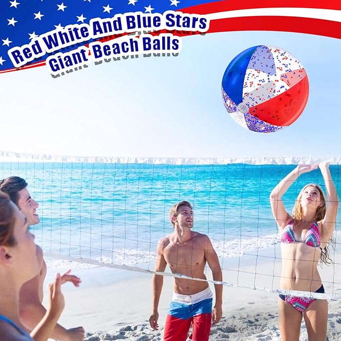 TURNMEON 12 Pack Inflatable Patriotic Beach Ball Bulk 16" Pool Toys Balls with White Red and Blue Stars Glitters Clear Beach Balls Summer Swimming Pool Game Water Beach Toy 4th of July Party