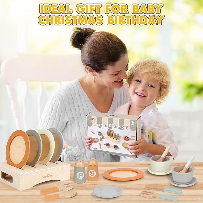 Wooden Play Dishes and Plates for Kids Kitchen Set, 27 PCS Wooden Play Kitchen Accessories, Kitchen Toy for Toddlers Boys Girls 3 4 5 6