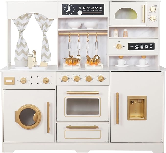 Wooden Play Kitchen Set with Ice Maker, Water Dispenser, Coffee Maker,Big Toddler Toy Kitchens Playset with Washing Machine,Sink with Running Water, Stove with Light&Sound,Gift for 3+boy Girl (White)