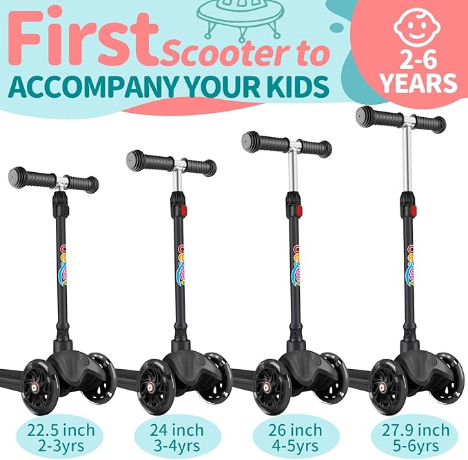 BELEEV A1 Scooter for Kids Ages 2-6, 3 Wheel Kick Scooter for Toddlers Girls Boys, Light up Wheels, Adjustable Height, Lean to Steer, Non-Slip Deck, Lightweight Push Scooter for Children