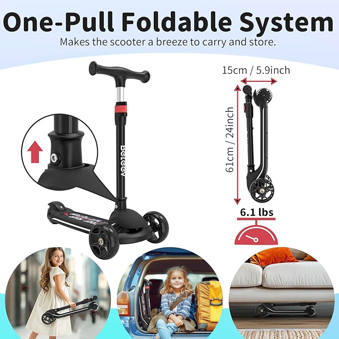 BELEEV A9 Kids Scooter with LED Light-Up Wheels & Deck, 3 Wheel Folding Scooter for Toddlers Girls Boys Ages 3-12, Adjustable Handlebar, Lean to Steer, Extra-Wide Wheels, Kick Scooter for Children