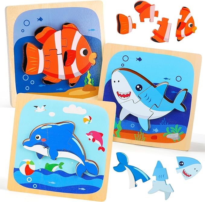 TOY Life Wooden Puzzles for Toddlers 2-4, Sea Animals Puzzles for Toddlers 1-3, Wood Puzzles Educational Montessori Toys Gifts for 1 2 3 Year Old, Baby Kids Learning Toy