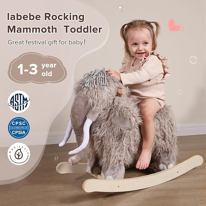 labebe - Plush Rocking Horse, Mammoth Rocker, Stuffed Rocker Toy for Child 1-3 Year Old, Kid Ride On Toy Wooden, Rocking Animal for Infant/Toddler Girl&Boy, Nursery Birthday Gift