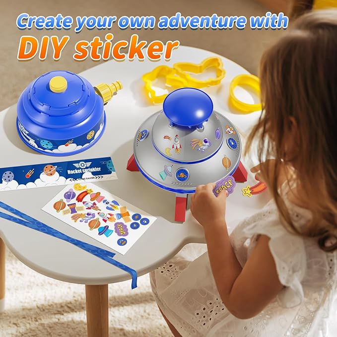 UFO Water Sprinkler for Kids, Water Rocket Toy Outdoor Summer Play W/Light & Spin, Adjustable Height Water Launcher, DIY Space Sticker, Backyard Lawn Gift for Girls Boys 3-12 Year Old Blue