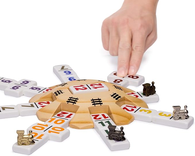 Yellow Mountain Imports Mexican Train Complete Set with Double 12 Number Dominoes, Wooden Hub, Die Cast Train Markers, and Scorepad