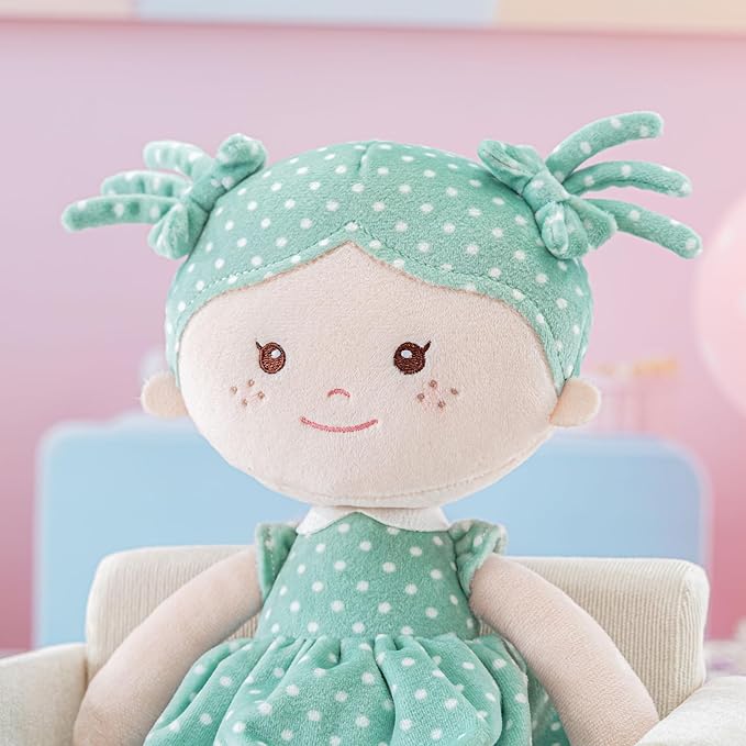 Onetoo Plush Rag Doll My First Baby Doll Soft Baby Doll for Girls Sleeping Cuddle Buddy Doll Wear Green Dress White Polka Dot 14"(Milly Series)