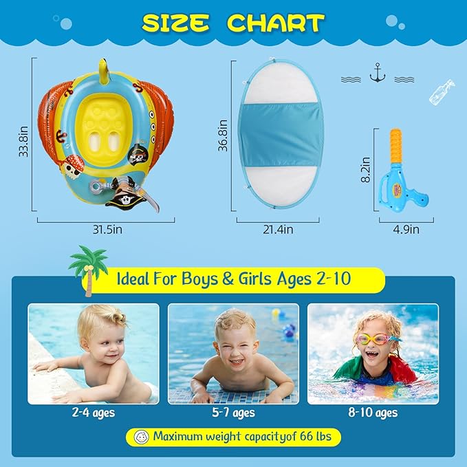 2X Thicken Inflatable Kids Pool Float with UPF 50+ Canopy Detachable,Pirate Ship Floaties with Captain & Water Gun,Swimming Pool Toys for Boys & Girls ,Toddlers ,Babies,Child,Summer Beach Outdoor Play