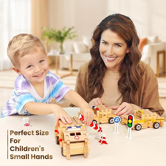 Jovi-mindly&Notchies Wooden Blocks Train Set 101 PCS Create 40+ Shapes,Toys Educational Wooden Building Blocks Puzzles for Kids Ages 5-8 Boys and Girls,Truck/Excavator,FSC Certified,Graduate Gifts