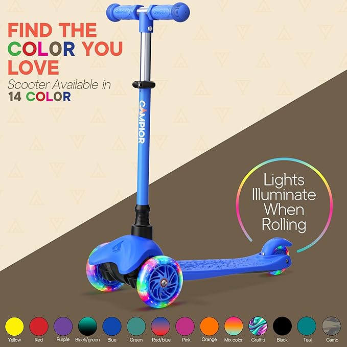 Blue Mini 3 Wheel Scooter for Kids – Lean-to-Steer with LED Light-Up Wheels, Adjustable Handlebar, Wide Anti-Slip Deck, Smooth PU Wheels, Rear Foot Brake – Toddler Scooter for Ages 2+