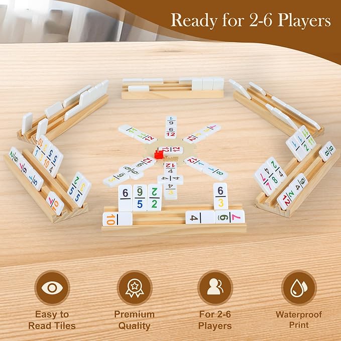 2-6 Players Mexican Train Dominoes Set with Numbers, 6 Wooden Racks, 91 Tiles, Portable Case, Dominos Set for Adults, Board Games for Adults, Valentines Day Gifts for Him Her Men Women Mom Dad
