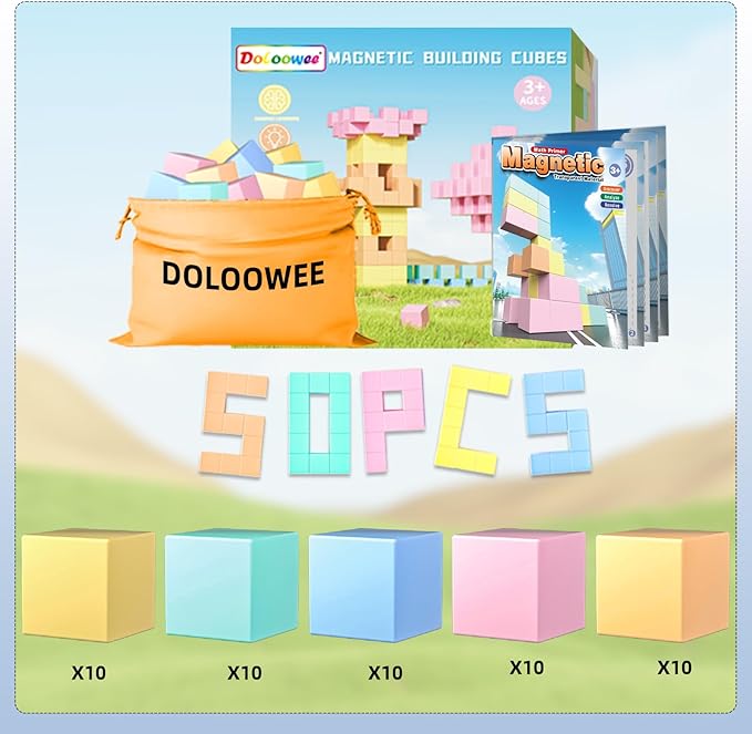 Doloowee 50 PCS Magnetic Blocks, Magnetic Building Cubes Macaron Magnetic Building Blocks for Kids Ages 4-8, STEM Preschool Toys Montessori Sensory Magnet Toys for 3 4 5 6 Years Old Boys Girls