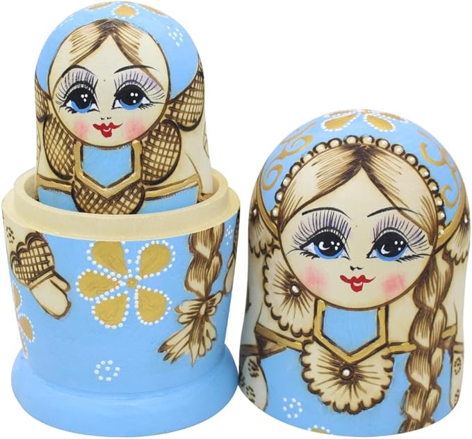 Winterworm® Cute Little Girl with Big Braid Handmade Matryoshka Wishing Dolls Russian Nesting Dolls Set 7 Pieces Wooden Kids Gifts Toy Home Decoration Sky Blue