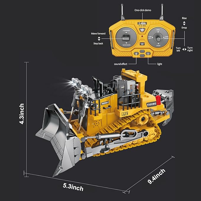 9 Channel 2.4GHz Remote Control Bulldozer, High Performance Simulation Construction Vehicle with Realistic Lights and Sounds, Ideal Gift for Kids Aged 6+ (Bulldozer)