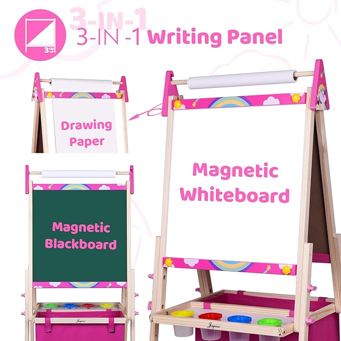 Joyooss Art Easel for Kids & Toddlers, Adjustable Painting Station - Wooden Easel with Whiteboard & Chalkboard for Ages 4-12