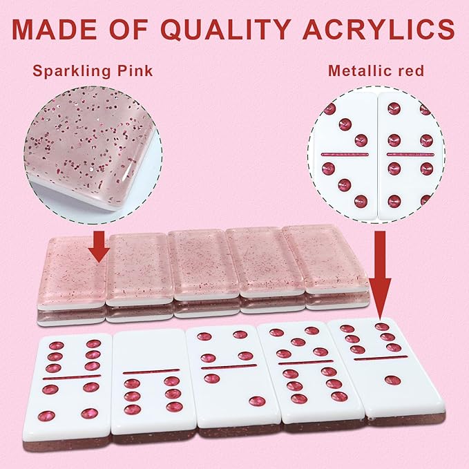 Dominoes Set for Adults, Double 6 Dominos Game Set with 28 Domino Tiles Double with Upscale Gift Boxes -7 Polyhedral Dice -Classic Board Games (Light Pink)