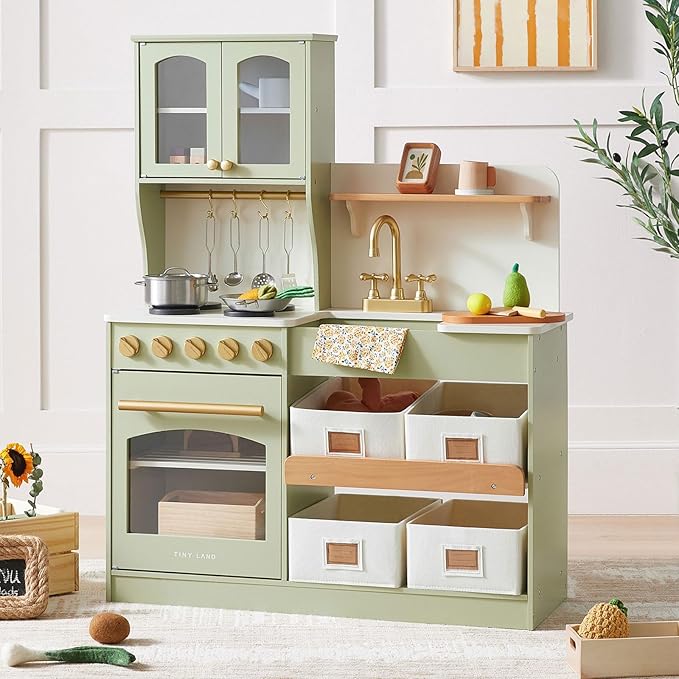 Tiny Land Play Kitchen for Kids with Storage System, Toy Kitchen Set with Plenty of Play Features Gift for Ages 3+