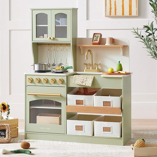 Tiny Land Play Kitchen for Kids with Storage System, Toy Kitchen Set with Plenty of Play Features Gift for Ages 3+