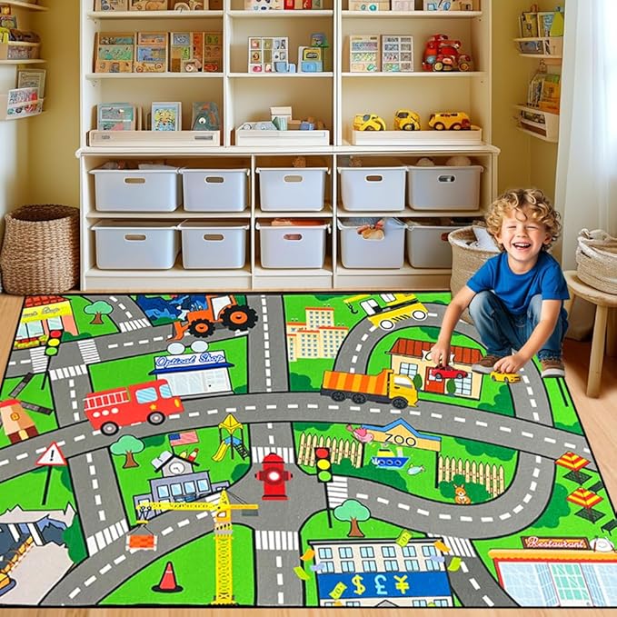 Car Track Rug - Car Rugs for Kids Toy Cars City Life Car Road Rug for Kids Large Kids Play Mat Car Rug for Kids Boys Girls Playroom Living Room Bedroom Classroom, Green, 5'×7'