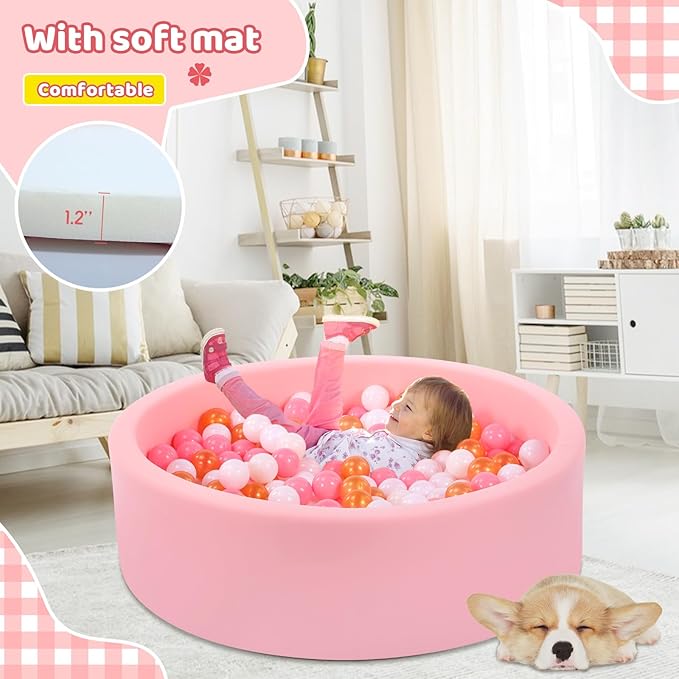 Foam Ball Pit for Toddlers, Large Baby Ball Pit for Babies with Soft Memory Sponge, Indoor Outdoor Baby Playpen, Kids Play Ball Pool, Gift Toys for Infants Boys and Girls (Pink, NO Balls)