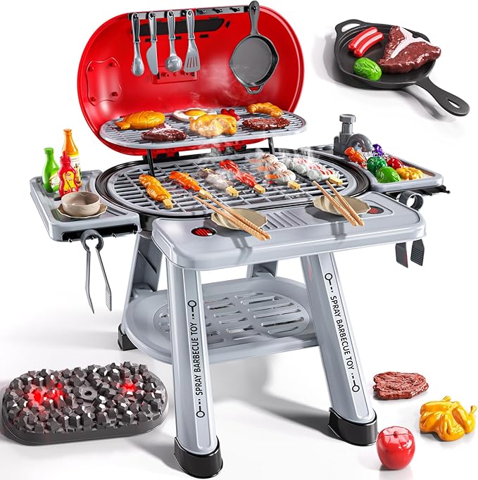 Kids Play Kitchen Toys, BBQ Grill with Smoke for Kids Ages 3 4 5 6 7, 2-Layer Barbecue Toys Play Food Set with Sound Light, Indoor Outdoor Cooking Toy for Boys Girls 3-5, Birthday Gifts