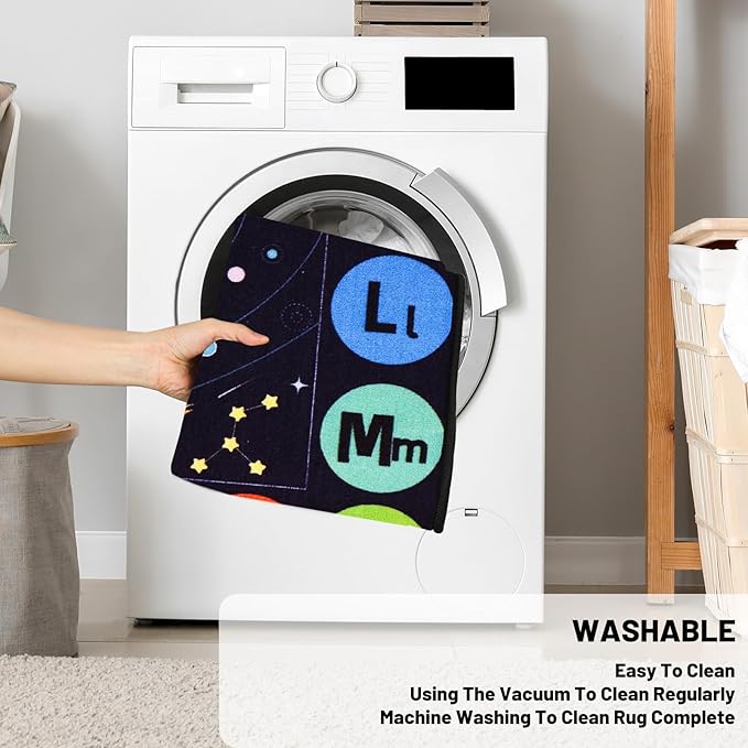 Kids Rug Outer Space Carpet for Playroom, ABC Educational Learning Area Rug, Non-Slip Solar System Road Play Play Rug for Kids Bedrooms, Classroom (Black, 110.2X78.7 INCH)