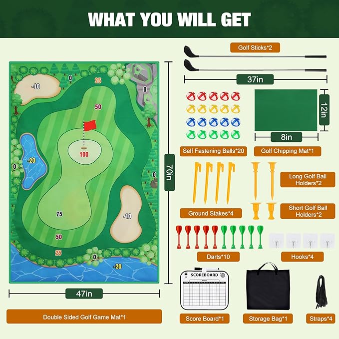MoKo Golf Chipping Mat Set - 47"x70" Sticky Battle Golf Game Play Set Double Sided Par Pursuit Game for Kids Adults, Indoor & Outdoor, with 2 Sticks 20 Sticky Balls