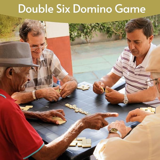 Double 6 Dominos Set for Adults with 4 Wooden Racks & 28 Tiles Travel Dominoes Set Board Game for Family Game Night