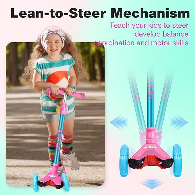 BELEEV A2 Scooters for Kids 3 Wheel Kick Scooter for Toddlers Girls Boys, 4 Adjustable Height, Lean to Steer, Light up Wheels, Extra-Wide Board, Easy to Assemble for Children Gift Sport Toys Ages 3-12