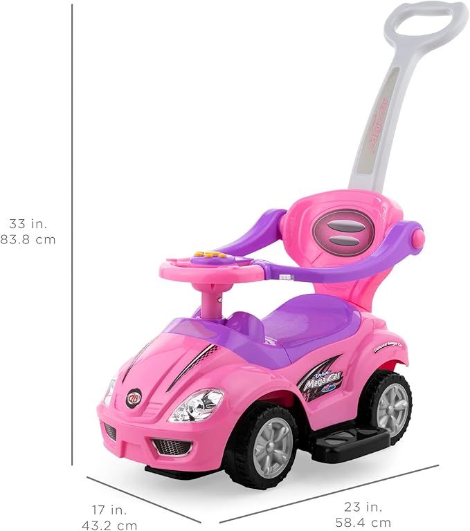 Best Choice Products Kids 3-in-1 Push and Pedal Car Toddler Ride On w/Handle, Horn, Music - Pink