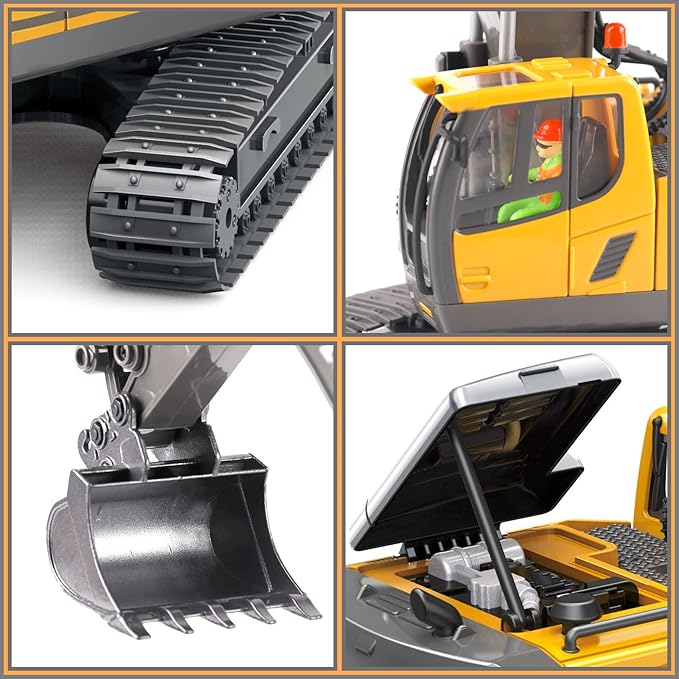 PREPOP Remote Control Excavator Toy for 6-12 yr Boys, Best Birthday Gifts for Kids 4-7 8 9 10 11 Year Old, RC Construction Toys with Metal Shovel, Lights, Sounds 2.4Ghz