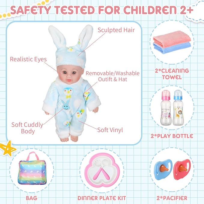 10 Pcs Realistic Twin Baby Dolls Toy Set Include 2 Pcs 12 Inch Baby Dolls, Feeding Set, Pacifiers, Doll Diapers, Bags, Milk Bottles Removable Outfit for Toddler Kids 6+ Gift(White)