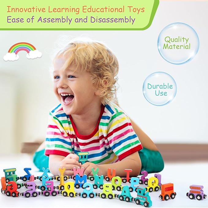 43 Pieces Magnetic Wooden Alphabet Number Toy Trains Set for Kids Toddlers, Including 26 Alphabet and 14 Number Trains with 3 Locomotives, Learning Toys for Kids Toddlers Preschool Learning Gift