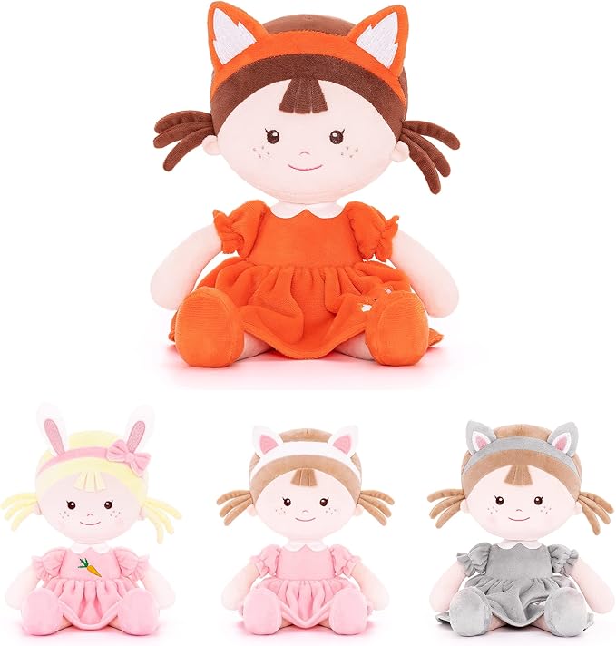 Onetoo First Baby Doll Plush Rag Dolls Sleeping Cuddle Buddy Dolls Soft Baby Doll for Girls Wear Fox Costume Reddish Brown Dress14(Milly Series)
