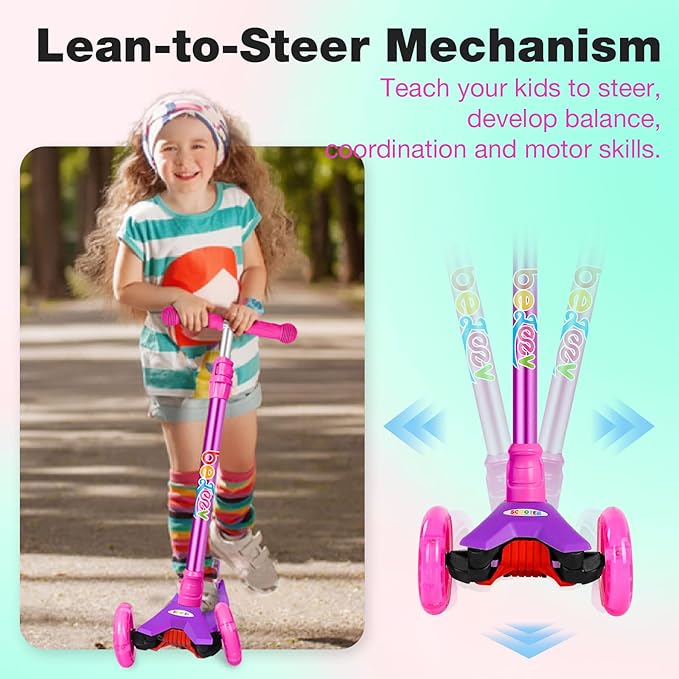 BELEEV A2 Scooters for Kids 3 Wheel Kick Scooter for Toddlers Girls Boys, 4 Adjustable Height, Lean to Steer, Light up Wheels, Extra-Wide Board, Easy to Assemble for Children Gift Sport Toys Ages 3-12