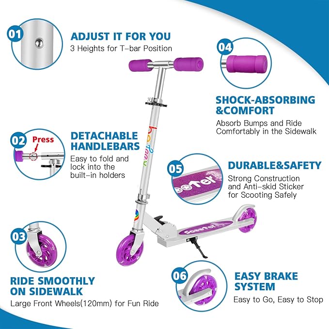 BELEEV V1 Scooters for Kids, 2 Wheel Folding Kick Scooter for Girls Boys, 3 Adjustable Height, Light Up Wheels, Lightweight Scooter with Sturdy Frame, Kickstand for Children 3 to 12 Years Old