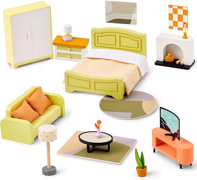 Giant bean 27pcs Green Wooden Plastic Dollhouse Furniture, Modern Living Room Bedroom Set, Dollhouse Accessories Pretend Play Furniture Toys for Boys Girls Kids & Toddlers 3+