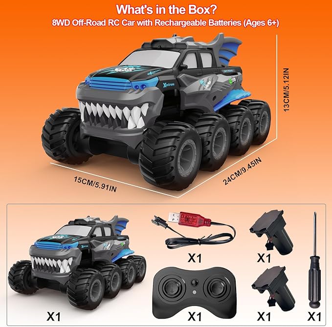 Amphibious Remote Control Car 8WD RC Monster Truck with 2 Rechargeable Batteries for Boys Age 8-12 Offroad Waterproof RC Pickup 2.4GHz All Terrain RC Drift Cars Beach Pool Toys Gifts for Kids Blue