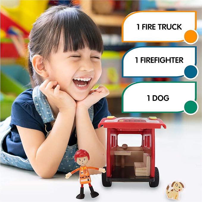 Leo & Friends Fire Truck Play Set - Wooden Kids Toy for 3-Year-Olds and Older - 3-Piece Educational Toy for Kids - Durable Wooden Toy Train Set for Toddles - Christmas Birthday Gifts