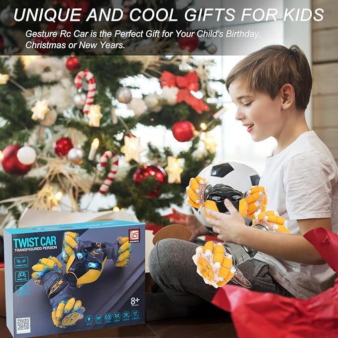 RC Cars Gesture Remote Control Car with Light Music 1:12 Hand Controlled Rc Car 2.4GHz 4WD Rc Stunt Car Gesture Sensing Double Sided 360° Rotation Off-Road Vehicle for Boys Girls(Yellow,Pro)