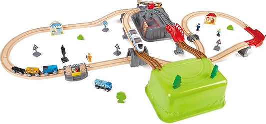 Hape Railway Bucket Builder Set | 50-Piece Multi-Color Wooden Train Set Toy, Construction Building Kit for Kids