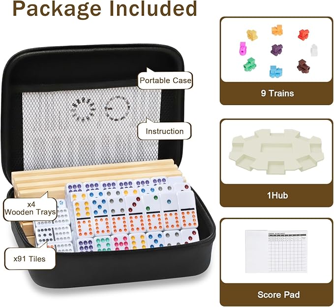 Mexican Train Dominoes Set with 4 Wooden Trays/Racks, Double 12 Dominos Travel Set with 4 Domino Tiles Holders, 91 Tiles Double 12 Colored Dominoes Game Set with Portable Case for Families Kids