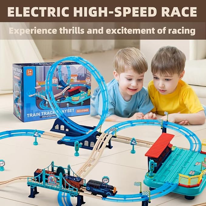 Train Set 85pcs,360° Transformed DIY Train Track Set,Rechargerable Electric Train Set with Realistic Train Station, Train Toys for Birthday Gifts for Kids Boys Girls