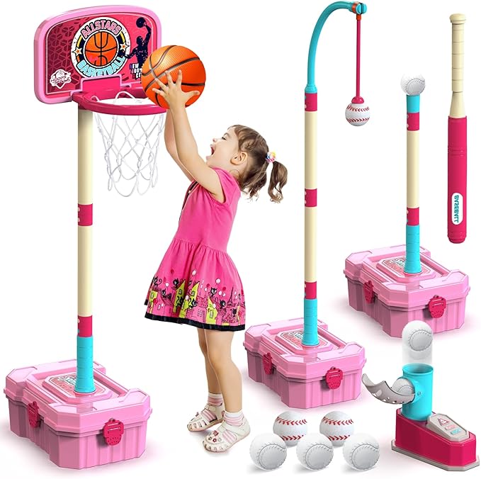 Kids Basketball Hoop and T-Ball Set for Kids 3-5, 3 Adjustable Toddler Basketball Hoop Indoor Outdoor Kids Toys Birthday Gift for Boys Girls