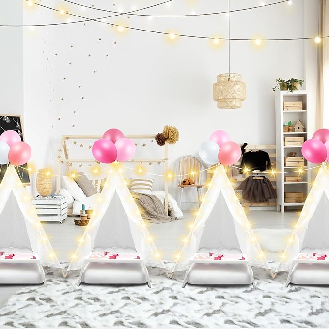 8 Pack Sleepover Tent for Girls Party,Teepee Tent for Kids Slumber Party Bulk with Light String,Air Mattress,Fitted Sheet,Washable Natural Cotton Toddler Teepee for Indoor Outdoor(White)