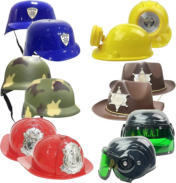 Liberty Imports 6 PACK - Dress Up Pretend Career Role Play Hard Hats & Helmets for Little Kids - Halloween Costume Role Play Toddler Dressup Set (Police, Fireman, Construction, SWAT, Cowboy, Army)