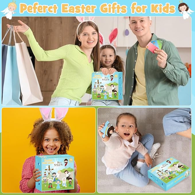 Christian Easter Gifts Basket Stuffers for Kids, 70Pcs Large Easter Floor Puzzles for Kids Age 4-8, He is Risen Jigsaw Puzzles Basket Essentials for Boy Girls