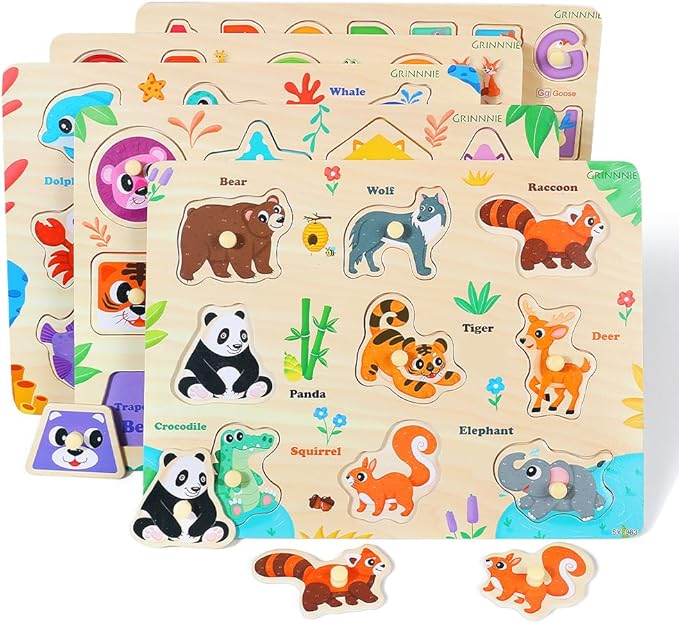 GRINNNIE Wooden Puzzles for Toddlers 1 2 3 Years Old, Montessori Toddler Toys 5PCS Peg Puzzles with Knob - Number, Alphabet, Shape, and Animal, Great Gifts for Boys Girls